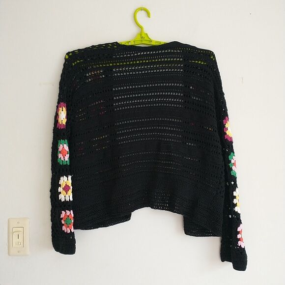 Open Cardigan Womens L Black Crochet Granny Square Patchwork HandMade Sheer Boho - Picture 4 of 6